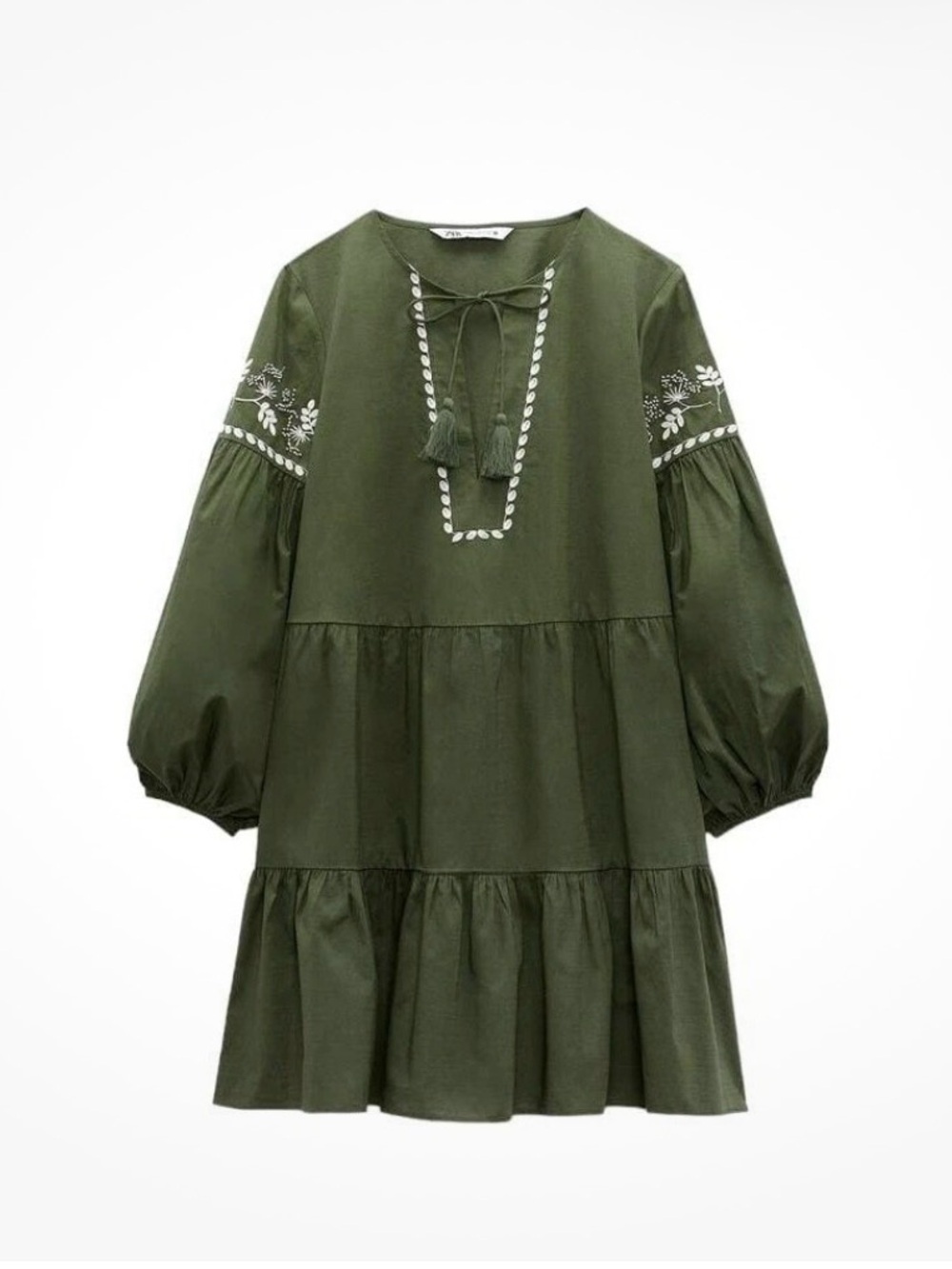 NWOT Zara 100% Cotton Olive Green Embroidered Beaded Tiered Dress sz S